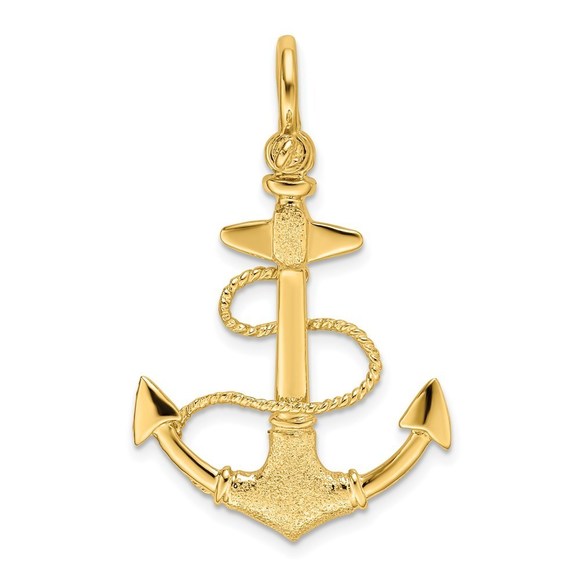 14k Yellow Gold 3-D Textured Anchor w Rope & Shackle Bail Necklace Charm Pendant